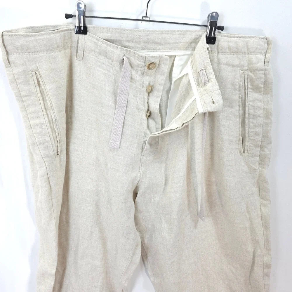 Perry Ellis Linen Pants Men 38 Drawstring Waist Beige Coastal Resortwear